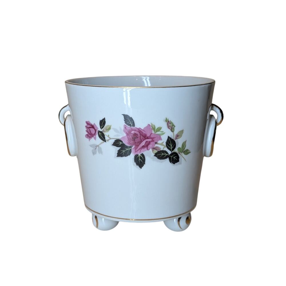 Vintage Signed Japan Footed Vase Planter Hand Painted Roses Floral Porcelain
